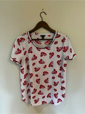 Ann Taylor Short Sleeve Blouse with Red Floral Print and Black Trim